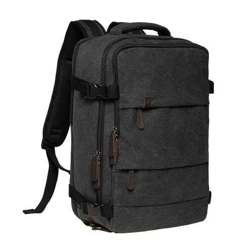 KAUKKO Canvas Travel Rucksack, Large Capacity Carry On Bag with Shoe Pouch and 15.6 inch Laptop Compartment, Flight Approved Outdoor 40L Luggage Weekender Bag, 12-BLACK