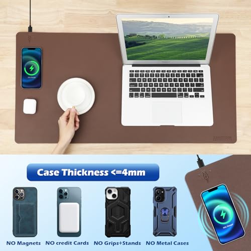 Wireless Charging Desk Mat with Desk Pad for Desktop Charging Large Mouse Pad Waterproof Leather Computer Mat Mouse Pad Non-Slip Protector on Top of Desks for Keyboard and Mouse (brown-l, 32*16inch)