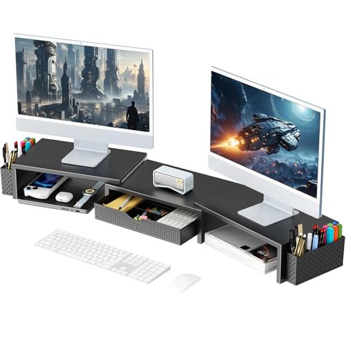 Gianotter Black Dual Monitor Stand Riser with Drawer & Pen Holders - Ergonomic Desk Organizer