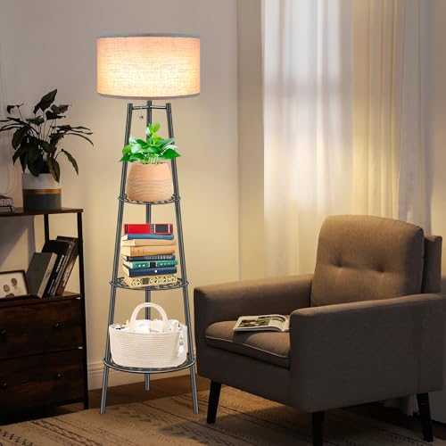 Floor Lamp with Shelves for Living Room£¬ Standing Lamp£¬Tall Lamp£¬ Amparas Elegantes para Sala with Linen Shade£¬Modern Floor Lamp for Living Room£¬Bedroom or Office£¨Black £©