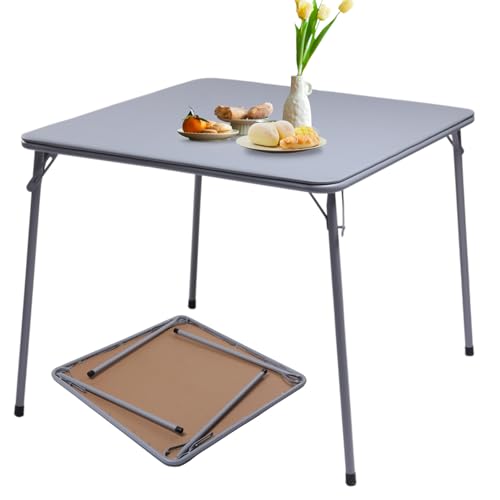 FurnitureR 34-Inch Square Folding Card Table with PVC Top & Metal Frame, Grey