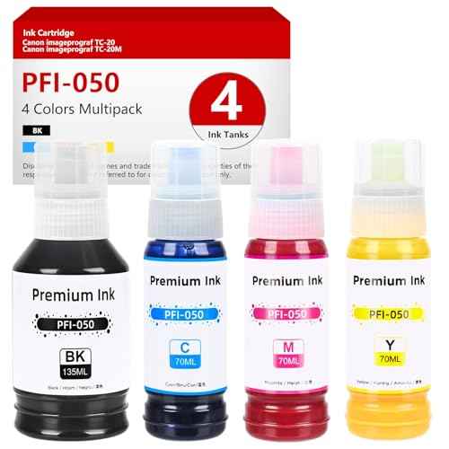 PFI-050 Ink Bottles Compatible for Canon imagePROGRAF TC-20, TC-20M Large Format Printer Replacement for PFI-050BK PFI-050C PFI-050M PFI-050Y (4Pcs, Black Cyan Magenta Yellow)