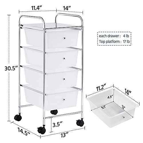 Yaheetech 4 Drawers Rolling Plastic Storage Cart Metal Frame Plastic Drawers Trolley Organizer on Wheels, White