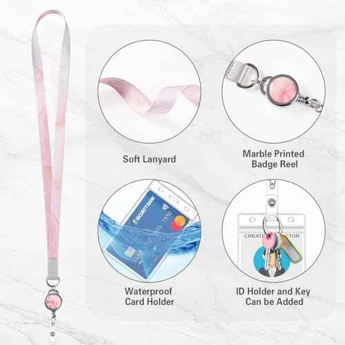 4 Pack Lanyards for Id Badges Retractable Badges Reels Marble Lanyard Teacher Lanyards with Waterproof Id Badge Holder for Cruise Ship Cards