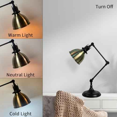 Desk Lamp for Home Office, Desk Light with Adjustable Multi-Joint Metal Swing Arms Table Lamp, Industrial Table Light for for Home Office, Work, Study, Reading, E26 Base (Antique Brass)