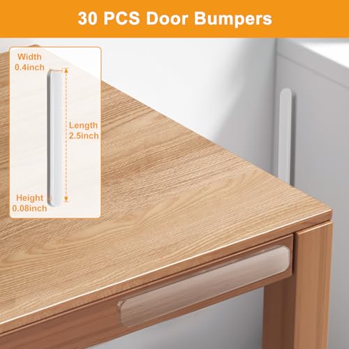 FURNIMATE 30pc Door Slam Silencers - Clear Cabinet Door Bumpers 2.5x0.4x0.08 in, Medium Thin (Self-Adhesive)