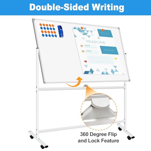 Silver 40x28-inch Double-Sided Mobile Whiteboard with Stand and Wheels