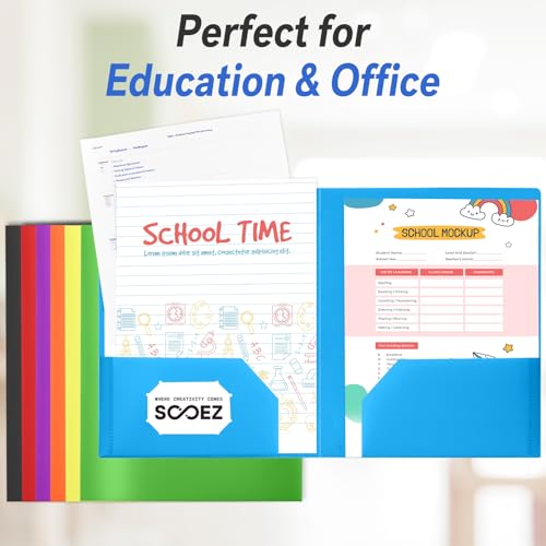 Rainbow 7-Pack Plastic Folder with Pockets & Labels - Durable 2 Pocket Office & School Folders
