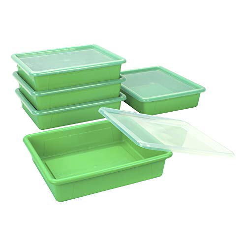 Storex Letter Size Flat Storage Tray ? Organizer Bin with Non-Snap Lid for Classroom, Office and Home, Green, 5-Pack (62539U05C)