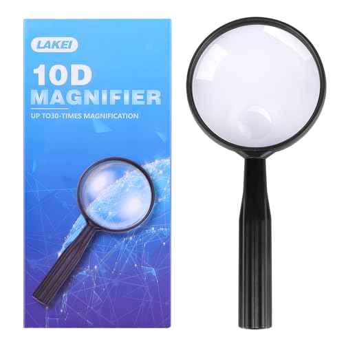 Lakei Magnifying Glass,10X 30X Handheld Reading Magnifying Glass£¬ 75mm Shatter Resistant Lens, Non-Slip Handle, Suitable for Elderly Reading, Adults Close Work, Hobbies and Halloween & Cosplay(Black)