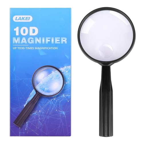 Lakei 10X Handheld Magnifier Glass Black 75mm Non-Slip Handle Reading Tool