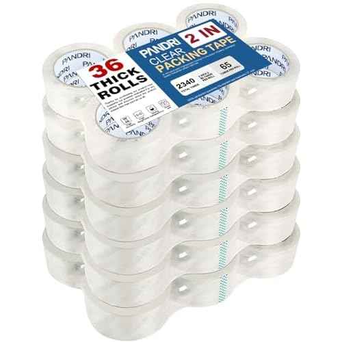 PANDRI Packing Tape, 36 Rolls Heavy Duty Clear Packaging Tape for Shipping Packaging Moving Sealing, 2 inches Wide, 65 Yards Per Roll, Total 2340 Yards