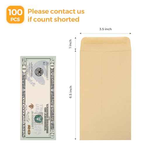 ACSTEP 100 PACK Brown Cash Envelopes 3 1/2 x 6 1/2 for Budgeting, Small Kraft Money Envelopes Self Adhesive for Cash, Coins, Check, Seeds, Money Savings Challenges