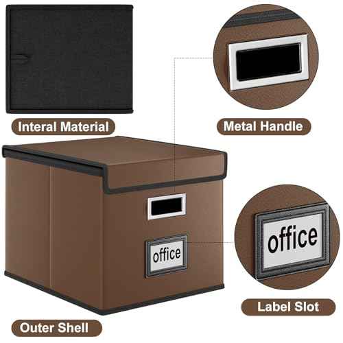 Huolewa File Organizer Box with Lid, Collapsible Leather File Folder Organizer for Office Document Storage, Filing Box with Plastic Slide for Letter/Legal Size Hanging Files, Dark Brown, 4 pack