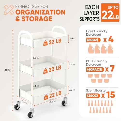 Sekey 3 Tier Metal Rolling Cart, No Screws Assemble Kitchen Cart, White Utility Cart on Wheels, Mini Rolling Carts for Small Spaces, Bathroom Storage, Bedside, Office, Food, Snack, Craft