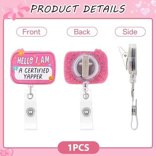 Funny Nurse Badge Reel Pink Cute Badge Reel with Clip Nursing Retractable Hello I Am a Certified Yapper Card Holder for Nurses Social Worker