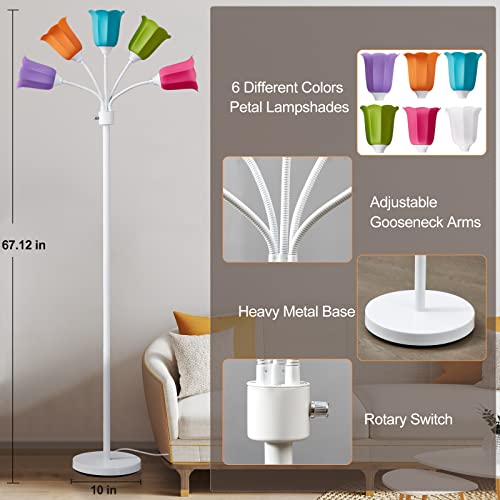 GyroVu Medusa LED Floor Lamp with 6 Color Tulip Shades, Adjustable Gooseneck, Tall Modern Standing Lamp for Living Room Bedroom Kids Room Office - White, Lampshades Included