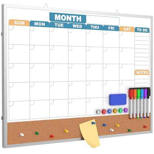 Monthly Calendar Dry Erase Board 24x18 Inch, Double-Sided Whiteboard and Corkboard Combo with Silver Aluminum Frame (Color Calendar), Wall Mounted Planner with Marker, Magnet, Push Pin, Eraser