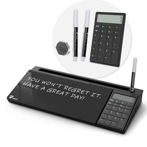 TOWON Desktop Glass Whiteboard with Basic Calculator, 12 Digit LCD Display, Desk Organizers with Accessories for Office, Home, School Supplies, Storage with Dry Erase Board Surface, Black, 17'' x 6''