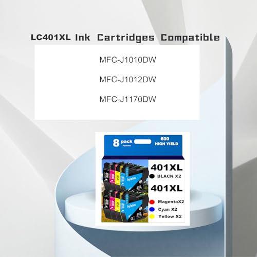 LC401XL Ink Cartridges for Brother Printer Compatible LC401 Ink Cartridges for MFC-J1010DW MFC-J1012DW MFC-J1170DW Printer 8 Pack (2 Black, 2 Cyan, 2 Magenta, 2 Yellow)