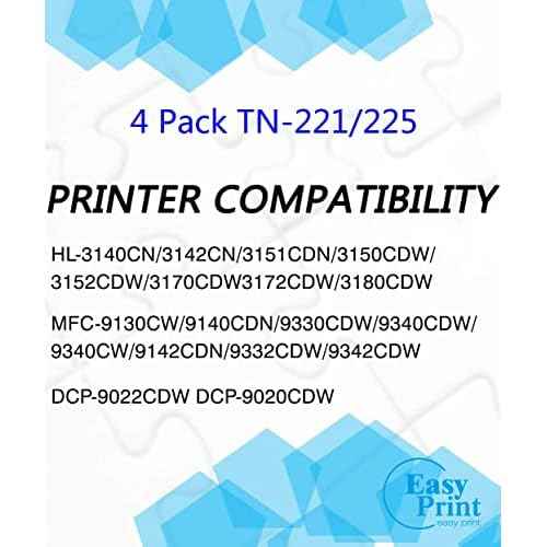 (BK/C/M/Y) Compatible TN221 TN225 Toner Cartridges Replacement for TN-221 TN-225 HL-3150CDW 3152CDW 3170C 3180CDW MFC-9130CW 9140CDN 9330CDW Printer, (Total-4 Pack)