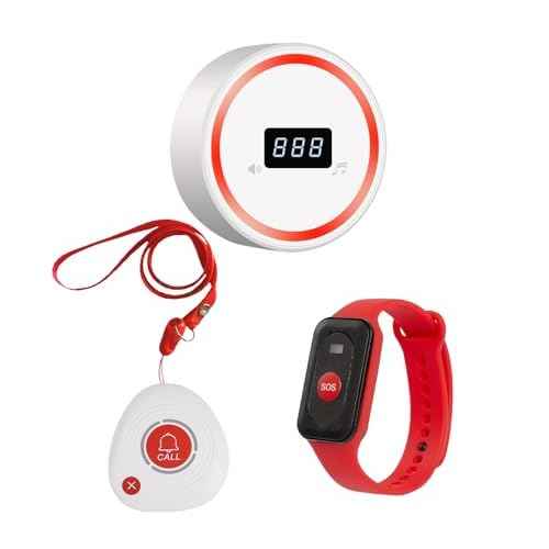 Wireless Caregiver Pager Call Button Emergency Calling System 328 Feet 1 Call Button/1 Watch Button/1 Receiver Nurse Alert System for Elderly Patient Disabled (1 Red H1+1 3DB+M2)