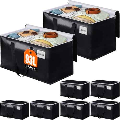 BlissTotes Moving Bags, Heavy Duty Moving Boxes with Zippers Top and Sturdy Handles, Storage Bags for Space Saving and Packing, Collapsible Moving Supplies, Storage Totes (93L, 8-Pack, Black)