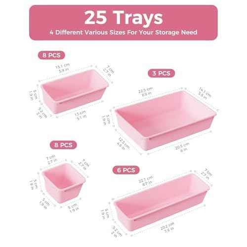 25 PCS Plastic Drawer Organizers Set, 4-Sizes Vanity and Makeup Organizer, Desk and bathroom Drawer Organizer Trays, Organizers and Storage for Makeup, Jewelry, Gadgets, Utensils (Pink)