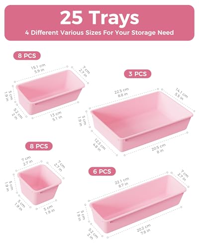 BiuLeon 25PCS Pink Plastic Drawer Organizer Set for Makeup & Jewelry Storage