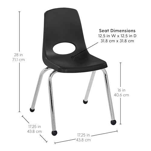 FDP 16" School Stack Chair, Stacking Student Seat with Chromed Steel Legs and Ball Glides; For In-Home Learning or Classroom - Black (6-Pack), 10367-BK