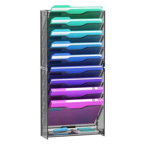 10 Tier Hanging Wall File Organizer, Wall File Holder Organizer Mounted Letter Mail Magazine File Rack With Flat Tray For Office Home School, Black