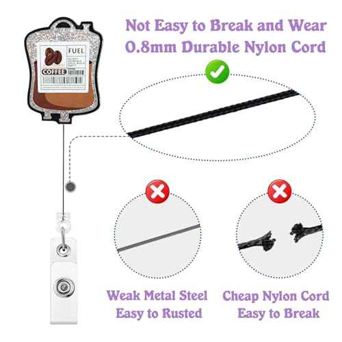 Funny Coffee Fuel Glitter Badge Reel Retractable for Nurse Nursing RN CNA LPN Medical Worker & Office Staff | Cute Nurse Gifts, Coffee IV Bag Badge Holder with Alligator Clip & 24¡± Durable Nylon Cord