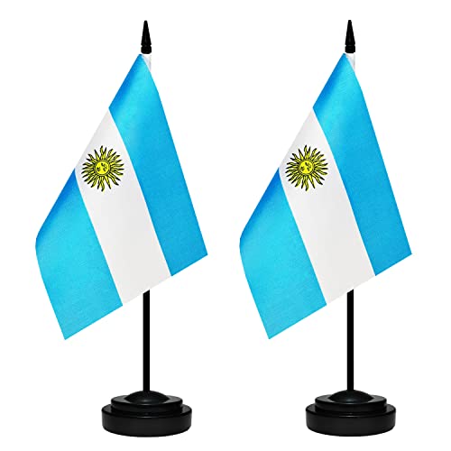 Argentina Desk Flag Set - 2 Mini Table Flags with Black Poles & Base