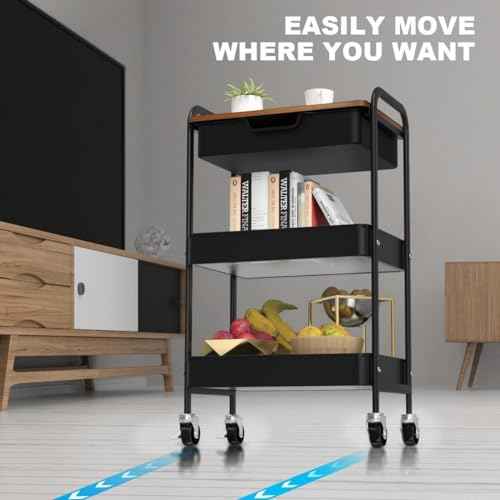 3 Tier Rolling Cart with Drawer, Metal Utility Cart on Wheels Storage Cart with Wood Top, Kitchen Cart Art Cart Organizer for Bathroom Office Balcony Living Room