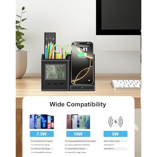 Multifunctional Pen Holder and Organizer for Desk with Wireless Charger, Digital Indoor Thermometer and Humidity Gauge, Home Office Organizers and Storage (Battery Included)