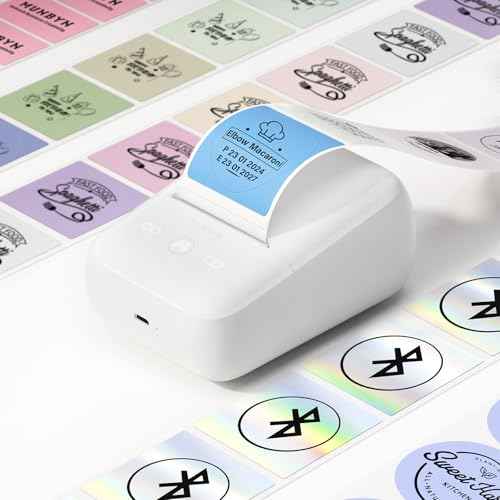 MUNBYN FM226 Label Maker with Tape, Bluetooth Inkless Portable Thermal Sticker Machine,for 0.78-2inch Labels, for Small Businesses, Office Supplies, Address, Clothing, 11H Working Time,White