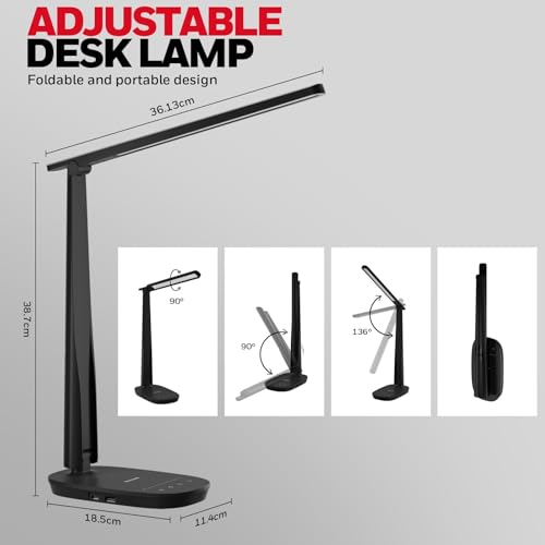 HONEYWELL LED Desk Lamp - HWT-H2 Sunturalux¢â Eye-Caring Foldable Desk Light with USB A+C Dual Charging Port 4 Color Modes Dimmable Table Lamp for Home Office Bedroom Reading Study Work - Black