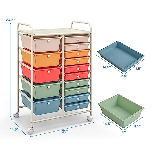 Giantex Multicolor 15-Drawer Rolling Storage Cart with Wheels - Classroom & Office Organizer