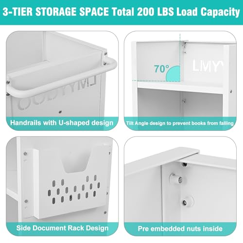 LMYYGOO 3-Tier Adjustable Rolling Book Cart - White, 200lb Capacity, Locking Wheels