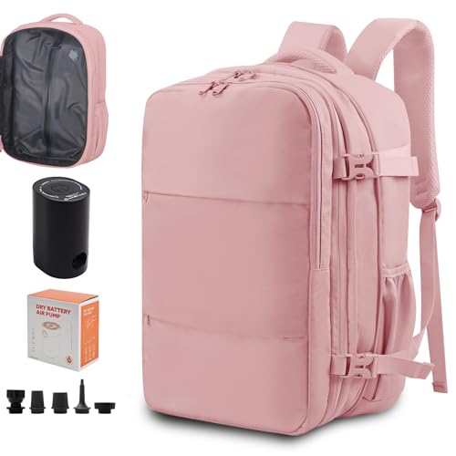 Lovvento Air Vacuum Compression Travel Backpack: Expandable Carry On Bag Vacuum with Pump Fits 17.3inch Laptop for Women and Men - Suitable for Business and Work Waterproof (Pink)