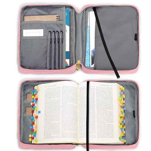 GUEER Bible Cover for Women, Bible Holder, Bible Cover Carrier Carrying Organizer Bag, Zipper and Pockets for Standard Size Bible, Gift for Women boy (Pink-Rose)