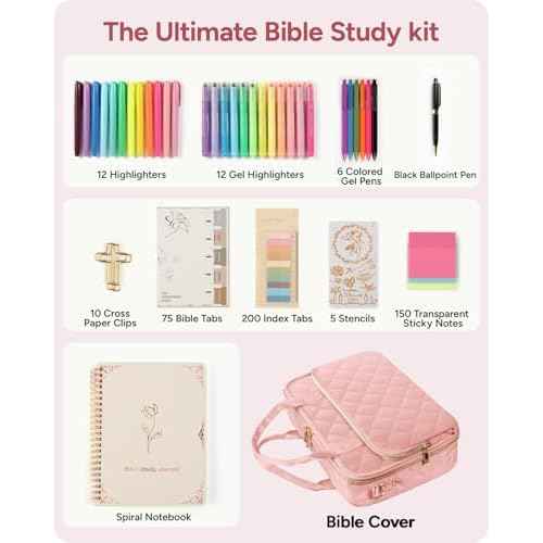 Bible Journaling Kit ? Quilted Bible Cover Case for Women, 31 Highlighters, 75 Tabs, Bible Study Supplies & Christian Gift for Women and Teens (Shoulder Strap, Blush Pink)
