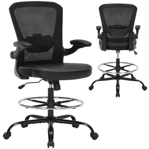 Bondesin Drafting Chair Tall Office Chair with PU Leather Seat, 400 lb Ergonomic Desk Stool with Lumbar Support, 360° Wheels