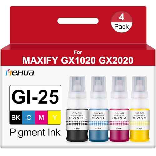 hehua Pigment GI-25 GI25 Ink Refill Bottles Replacement for Canon 25 GI-25 Ink Bottles Compatible with Canon GX2020 GX1020 Ink Megatank Printers 4 Pack 190ML (Black Cyan Magenta Yellow)