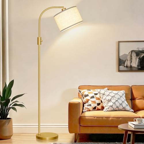 Nintiue Gold Linen Shade Modern Arc Floor Lamp with Dimmable LED Bulb Included