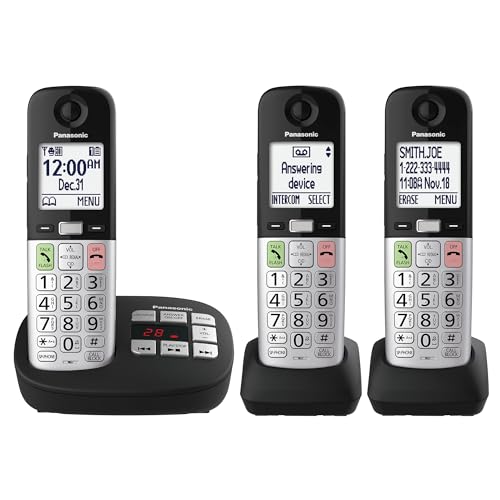 Panasonic Cordless Landline Phone with 3 Handsets, Volume Boost & Emergency Flashlight (Black)