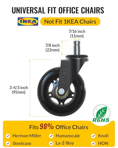 HOLKIE Black 11x22mm Office Chair Wheels Set of 5 – 3 inch Caster Rollers, Quiet, Soft PU, Carpet & Hardwood Floors