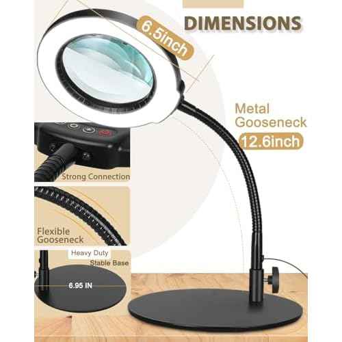 10X Magnifying Glass with Light, 5 Color Modes Stepless Dimmable Flexible Gooseneck LED Hands-Free Desk Lamp, Stand Lighted Magnifier for Crafts, Sewing, Reading, Painting, Hobby, Close Work