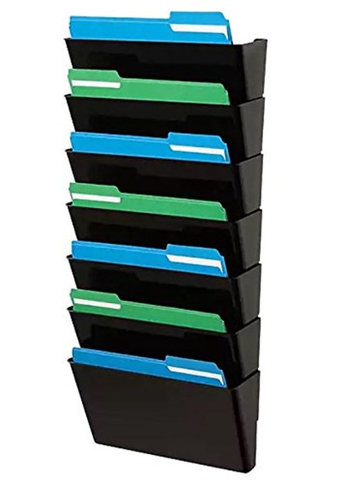 1InTheHome Hanging Wall File Organizer, Wall Mounted File Holder, Letter Size, 7 Pocket, Expandable, Black