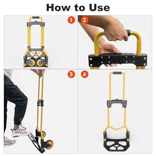 Folding Hand Truck Dolly Cart, 180LBS Portable Aluminum Hand Truck Foldable with Telescoping Handle and Elastic Cord for Luggage, Boxes, Functionality Foldable Dolly for Home, Moving, Black Yellow